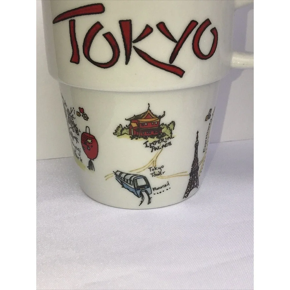 WORLD MARKET 6 COFFEE CUPS with Metal holder NYC/SAN Fran, Paris Rome,‎ Shaghia
